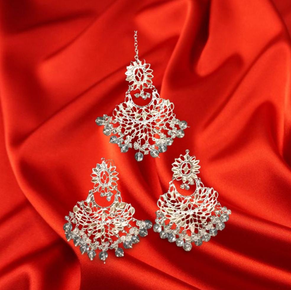 Mirror Kundan Style Earrings Set with Matha Tika Silver Ref 0001